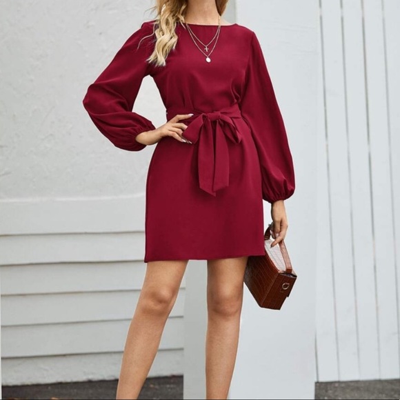 Burgundy long lantern sleeve belted dress - Picture 12 of 16